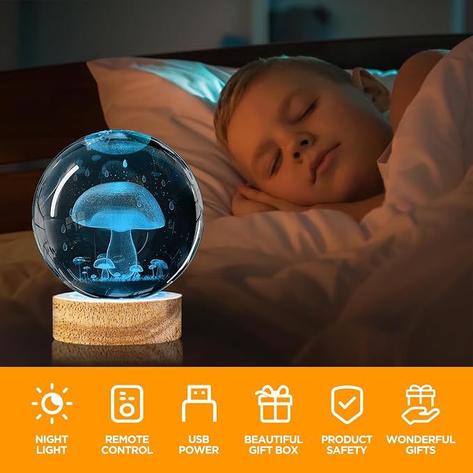 3D Mushroom Crystal Ball Night Light 3.15 inch Glass Ball Lamp with 16 Color Changing Wooden Base and Remote Cute Mushroom Room Table Decor Ideal Gifts for Kids Friends Birthday Christmas