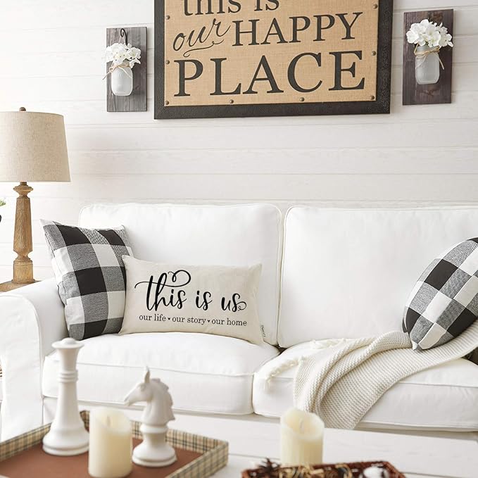 Meekio Farmhouse Pillow Covers with This is Us Quote 12" x 20" Farmhouse Rustic Décor Lumbar Pillow Covers with Saying Housewarming Gifts Family Room Décor