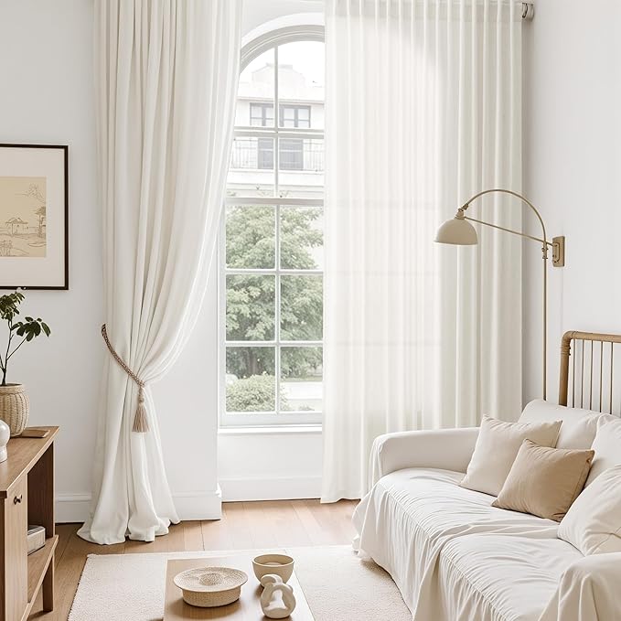 Neutral Linen Curtains 72 Inches for Living Room Light Filtering Semi Sheer Curtains Coastal Modern Farmhouse Decor Drapes for Bedroom Office Back Tab and Rod Pocket 52x72, 2 Panels