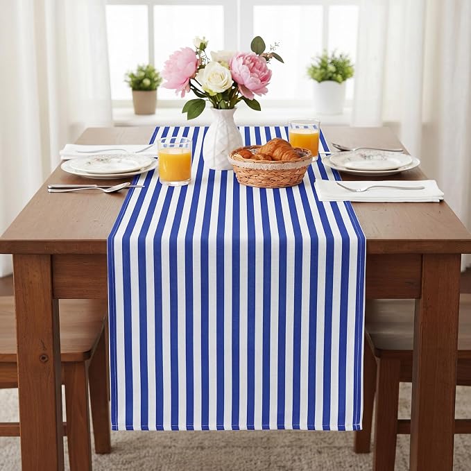 6 Pcs Navy Blue and White Stripe Table Runner, 13 x 72 Inch | Linen Kitchen Dining Room Home Decoration, Summer Farmhouse Table Runner for Wedding Birthday Party Decor