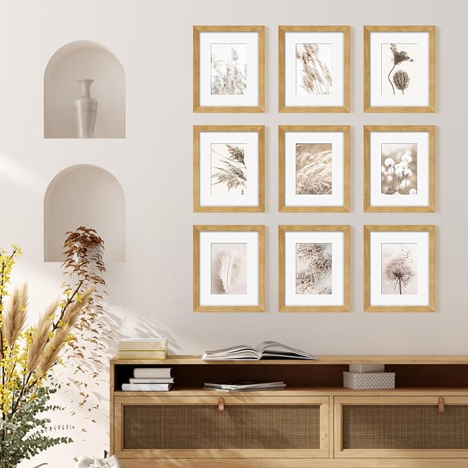 YESKAY 8x10 Picture Frame Set of 9, Display Pictures 5x7 with Mat or 8 x 10 Without Mat, Multi Photo Frames for Wall Mounting or Table Top Display, Natural Oak
