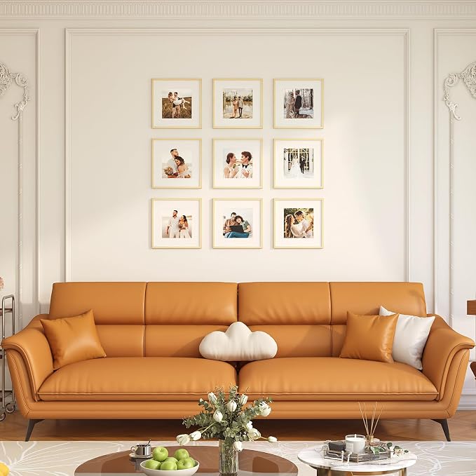 10x10 Picture Frame Set of 9, Display Pictures 8x8 with Mat or 10x10 without Mat, Multi Collage Gallery Square Photo Frames for Wall or Tabletop, Natural Wood