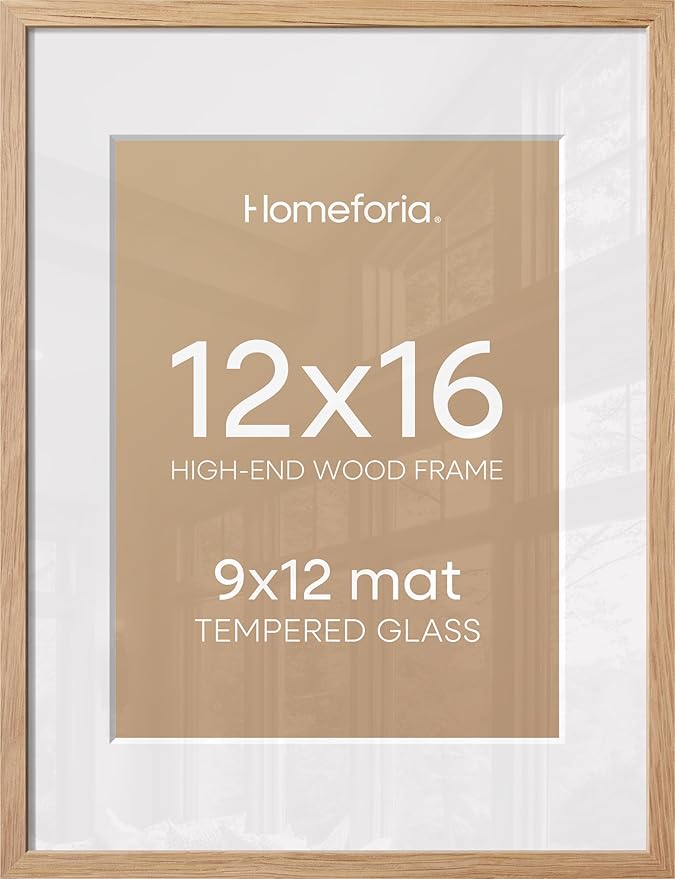 Homeforia 12x16 Natural Oak Picture Frame, High-End Wood, 9x12 Mat, Glass