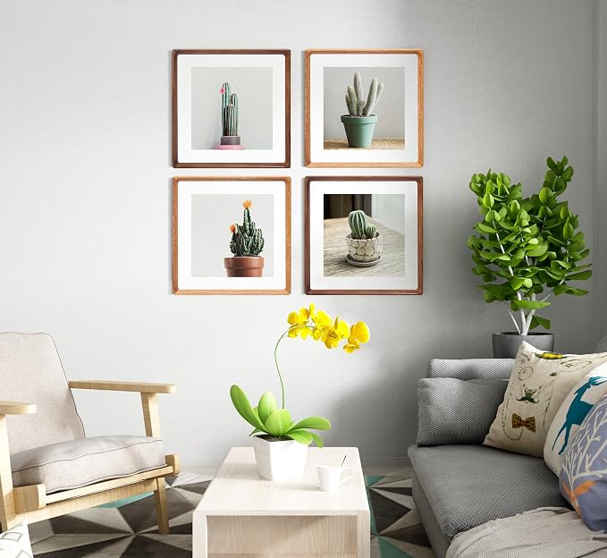 Square 12x12 Picture Frame with Mat for 8x8/10x10, USA-Sourced Natural Teak Wood Handcrafted Rounded Corner with Real Glass, Vertical or Horizontal Display Photo Gallery Wall Mounting Frame