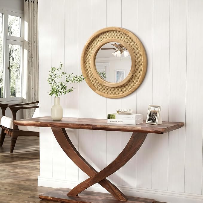 JJUUYOU Wooden Mirror Circle Mirrors for Wall 16 Inch Circular Hanging Mirrors with Wood Frame for Living Room Bathroom Vanity Entryway Hallway