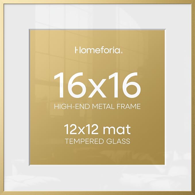 Homeforia 16x16 Gold Picture Frame, High-End Metal, 12x12 Mat, Glass