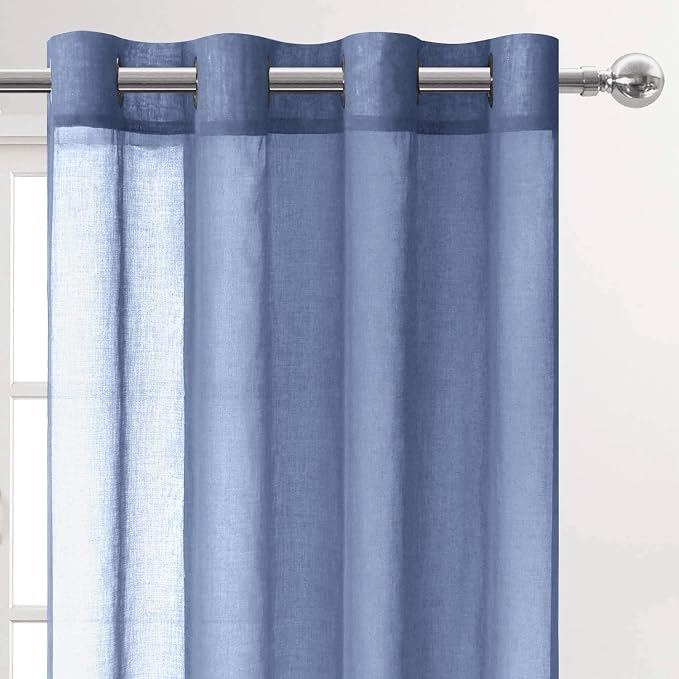 DWCN Sheer Curtains for Living Room Bedroom - Faux Linen Look Voile Drapes Grommet Top Window Curtain Panel 52 x 63 Inches Long, Dusty Blue, Set of 2 Panels