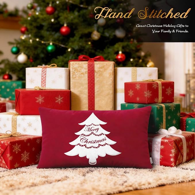 BRAWARM Christmas Pillow Cover 12 X 20 Inches, Christmas Red Christmas Tree Embroidered Lumbar Pillow Cover, Soft Velvet Decorative Throw Pillow for Couch Bed Sofa Living Room Home