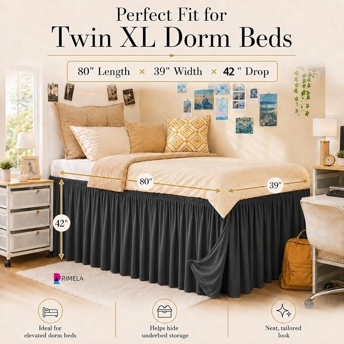 Dorm Room Bed Skirt Twin XL 42" Drop, College Split Corner Bedskirt, Grey | Solid ruffled, Wrap-around/elastic, Wrinkle & Fade resistant, with Adhesive Strips, Gift Packed, Machine Wash/Tumble Dry/Iron