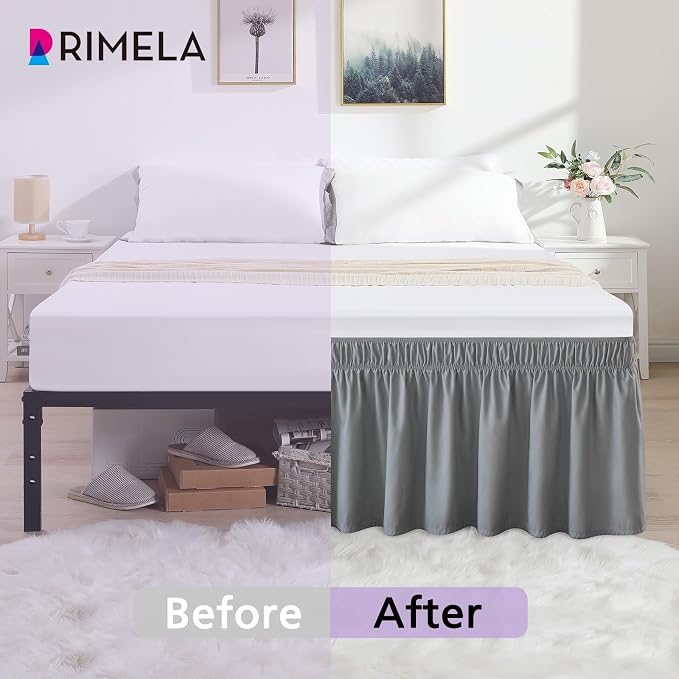 Grey Bed Skirt King Size 12 Inch Drop, Elastic Wrap Around Bedskirt | Solid Ruffled, Easy to Use, No Mattress Lifting, Wrinkle & Fade Resistant, with Adhesive Strips, Machine Wash/Dry/Iron