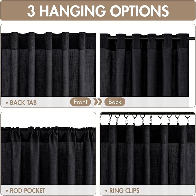 MIULEE Black Back Tab Linen Curtains 4 Panels 42W x 102L | Linen material, light filtering, rod pocket back tab hanging, farmhouse decor for living room bedroom
