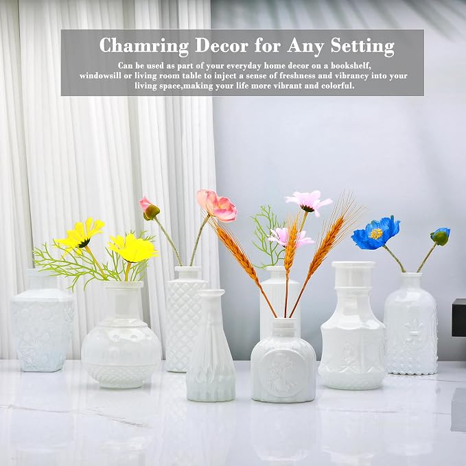 White Flower Vase Set, Glass Bud Vase in Bulk Set of 8 | Artistic and Cultural Flavor Mini Vases for Home Office Decor, Bedroom, Office, Living Room Decorations,Wedding