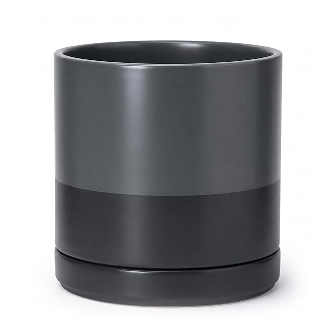 D'vine Dev 10 Inch Ceramic Planter Pot, Slate, 94-O-E-5 | Modern Cylinder Design, Drainage Hole & Saucer Included, Stable Structure, Elegant Home Accent