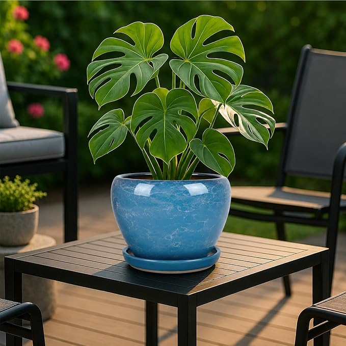 Deep Dream 8 Inch Plant Pots- Ceramic Pots for Plants with Drainage Hole and Saucer, Large Planter Pot for Indoor Plants Outdoor Decor, Gemstone Blue