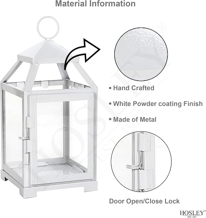 Hosley Set of 2 Clear Glass and Iron White Color Farmhouse Classic Style Lantern 12 Inch High Ideal Gift for Weddings Bridals Special Occasions Parties Aromatherapy and Spa Settings O4