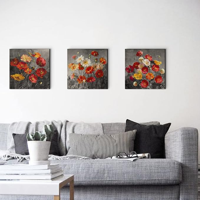 Red Burnt Orange Poppy Daisy Wall Art Canvas Prints Black and White Flower Pictures for Bedroom Vintage Nature Floral Posters Bathroom Decor Retro Wildflower Artwork Office Home Decoration 16x16” 3P