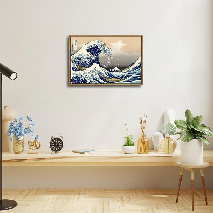 Wieco Art Framed Art Great Wave of Kanagawa Katsushika Hokusai Giclee Canvas Prints Wall Art Abstract Seascape Paintings for Home Living Room Decorations