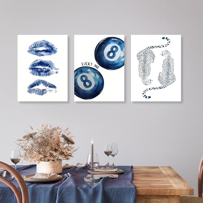 GELDSTEI Wrapped Canvas Blue Leopard 8 Ball Wall Art Set of 3, 12x16 in | Blue Modern Lips Lucky 8 Ball Leopard Print Wall Decor, Bold Fun Gift for Teens and Animal Lovers
