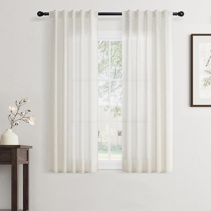 Jowels Natural Linen Curtains 58 Inch Long 2 Panels for Living Room | Ivory Light Filtering Sheer Curtain,Back Tab Pocket Pleated Look,Modern Farmhouse Textured Privacy Drapes for Bedroom Window