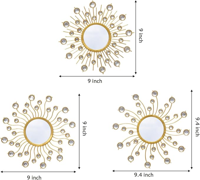 Mirror Wall Decor Sunburst Boho Gold Art Metal Living Room Bedroom Bathroom | Set of 3