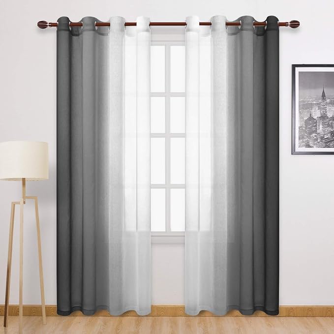 DWCN Black Ombre Faux Linen Sheer Curtains - Gradient Semi Voile Grommet Top Bedroom and Living Room Curtains, 52 x 96 Inches Long, Set of 2 Window Curtain Panels