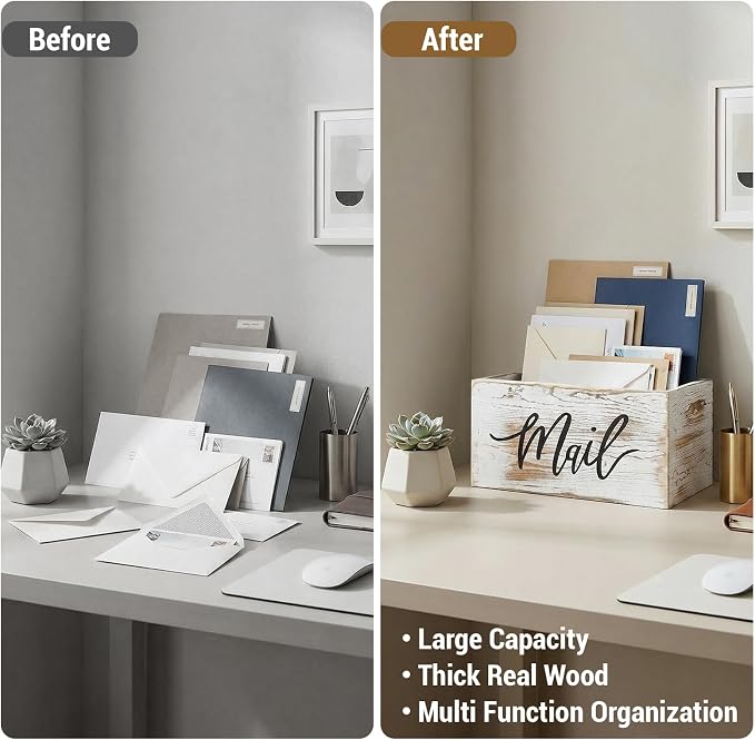 MyGift Whitewashed Wood Mail Holder Organizer Box With MAIL Design