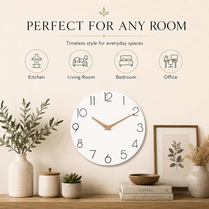 cicininc 12 Inch Battery Operated Wall Clock, Silent Analog, White | Kitchen | Office | Bedroom | Modern Style | Easy-to-read Numbers