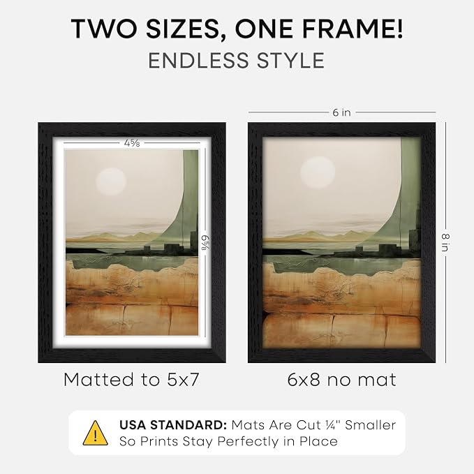 Homeforia 6x8 Black Oak Picture Frame, High-End Wood, 5x7 Mat, Glass