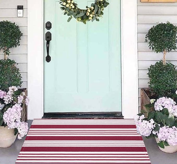 Red and White Striped Outdoor Rug 24'' x 35'' Door Mat Outdoor Machine Washable Welcome Mats Cotton Hand-Woven Entryway Rug for Front Porch/Entryway/Laundry/Bathroom/Bedroom