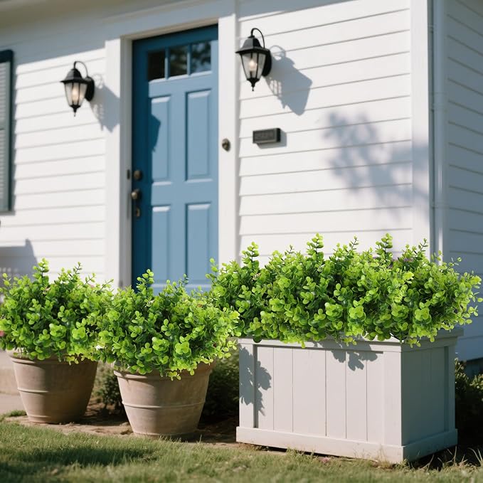 RECUTMS 8 Bundles Artificial Eucalyptus Greenery Plants Stems 13In Green | Plastic Boxwood Shrubs Branches,No Maintenance,Long-last,Outdoor Planter Vase Centerpiece Farmhouse Home Garden Wedding Decor