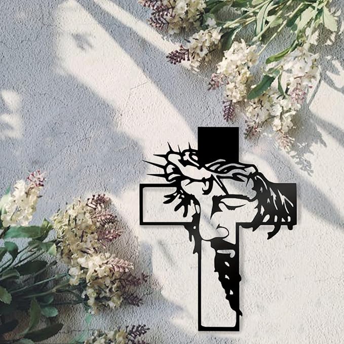 Black Jesus Wall Cross Decor Metal Crucifix Wall Hanging Wall Sculpture for Living Room Home Office Thankful Religious Gifts Grateful Blessed Christian Gifts for Women Special Mother's Day Gift Home Decor Entry Way(Size:12.59 * 9.84in)