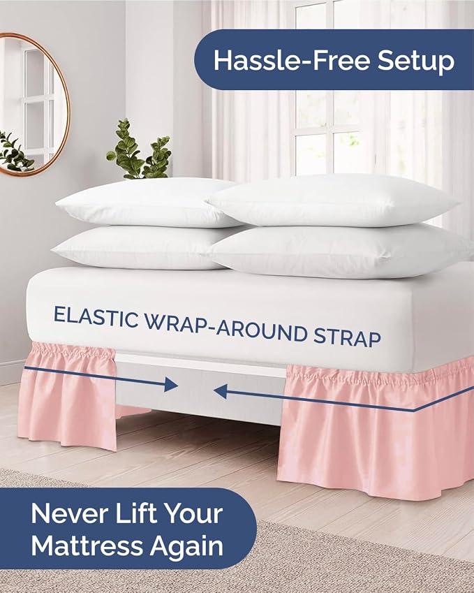 Wrap Around Dust Ruffle Bed Skirt - College Dorm Room - Twin/Twin XL | Baby Pink, 12 Inch Drop, Elastic Strap & Adjustable Pleated Bedskirt, Wrinkle Free, for Women, Men, Students, Kids & Teens