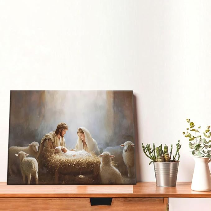 Framed Jesus Camvas Wall Art, Christian Wall Decor Painting, Nativity Scene Print, Jesus and Lamb Religious Artwork Picture for Living Room Bedroom Church Decor 12x16 Inch