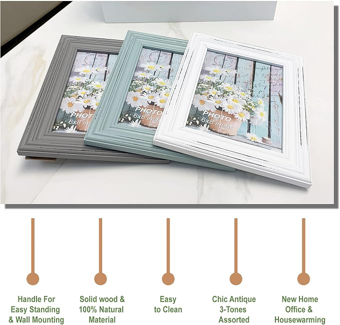 Vintage 6x8 Inches Wooden Picture Frame Pack of 3 Farmhouse Aqua Grey White - Rustic Thick Wood High Definition Glass Photo Frame Outside 8.6x10.6 Inches - 2 Ways Display Tabletop or Wall Mounted