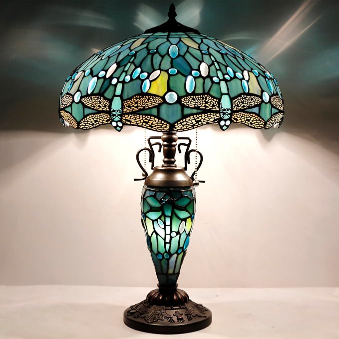 WERFACTORY Tiffany Table Lamp Sea Blue Stained Glass Dragonfly Style Light