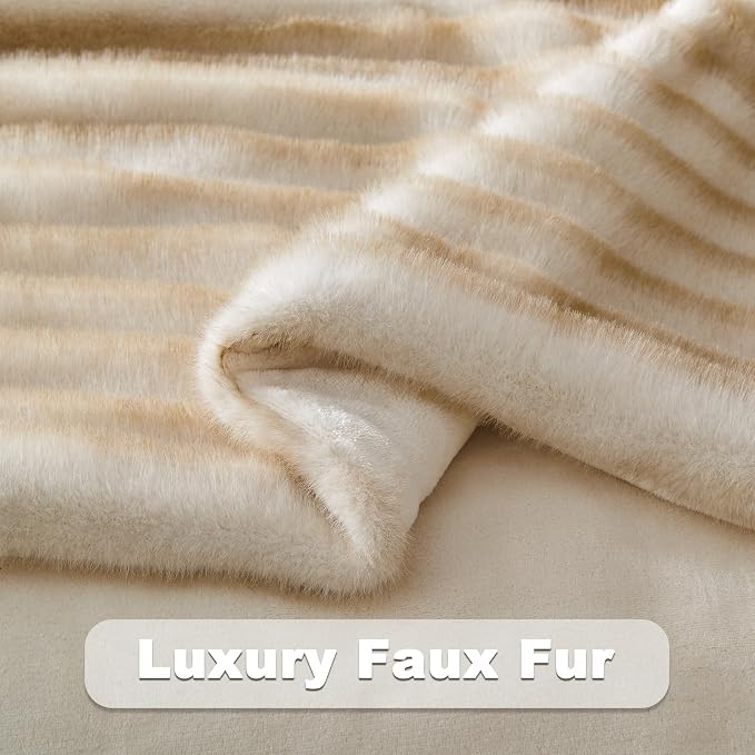NEWCOSPLAY Faux Fur Thick Throw Blanket for Couch, Stripe Brown, 50"x60" | Luxury Fluffy Thick Warm Blanket for Couch Sofa Bed 1000GSM, Soft Plush Cozy Decorative Throw, Gift for Women Men