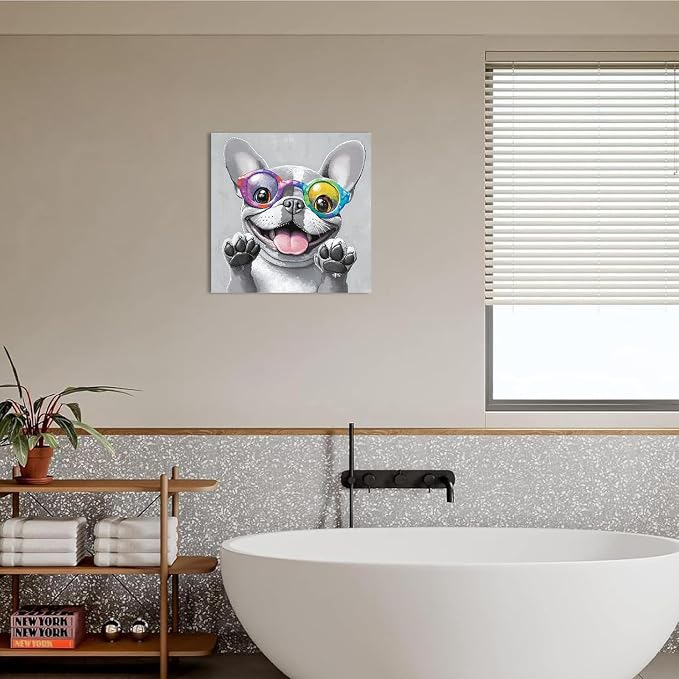Ypxzzj Cute Dog with Glasses Canvas Wall Art,Funny Bulldog Decor Wall Art Pictures Painting Posters Artworks for Children's room Bedroom Living room Decor Framed Ready to Hang