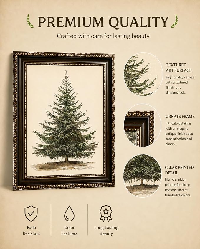 Framed-Vintage Christmas Tree Wall Art, 16×24 Inch | Farmhouse Winter Pine Canvas Prints, Holiday Wall Decor for Living Room Bedroom