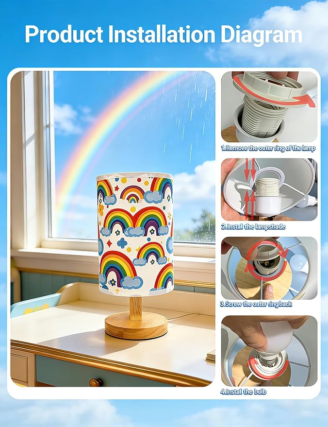 Rainbow Lamp for Girls Bedroom, 3 Colors Nightstand Light Lamp, Round Wood Base Flaxen Fabric Desk Lamp for Kids Room, Colorful Lamp Gift for Girls (LED Bulb Included) (Rainbow)