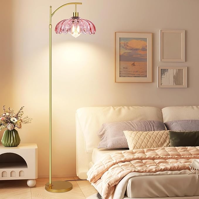 Gold Arc Floor Lamp for Living Room Bedroom,Mid Century Modern Standing Lamp with Remote,Dimmable Brass Tall Lamp Pink Flower Glass Lamp,Adjustable Vintage Floor Lamps Floor Light for Corner Office