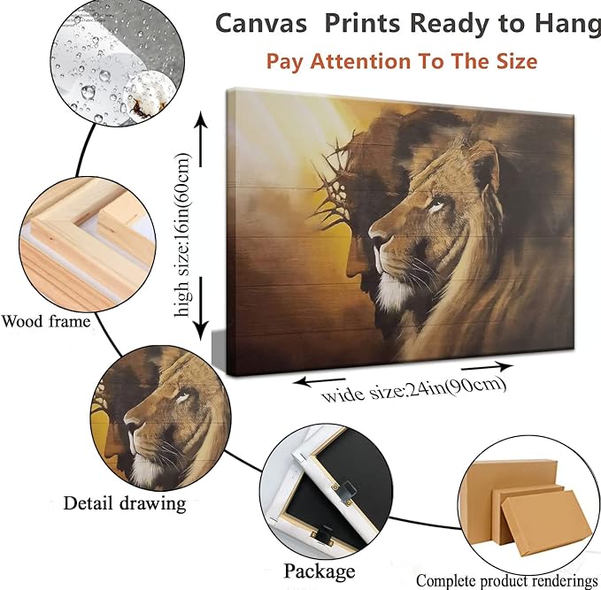 Framed Jesus and Lion Canvas Wall Art Decor Picture of Christians God Judas Inspiring Prints Painting Artwork for Living Room Bedroom Church Office Ready to Hang24*36 inches