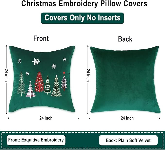 Christmas Embroidery Throw Pillow Covers 24 x 24 inch Set of 2 Xmas Dec Velvet Pillowcases Forest Green Christmas Trees Cushion Pillow Cases Soft Square Holiday Pillowcase