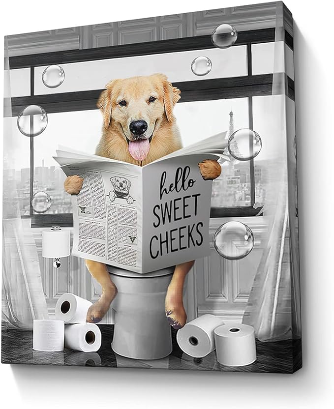 Funny Golden Retriever Wall Art Black and White Dog Bathroom Print Farmhouse Bathroom Animals Wall Decor Dog Sitting in Toilet Reading Newspaper Painting Framed Artwork for Toilet 16x20 inch