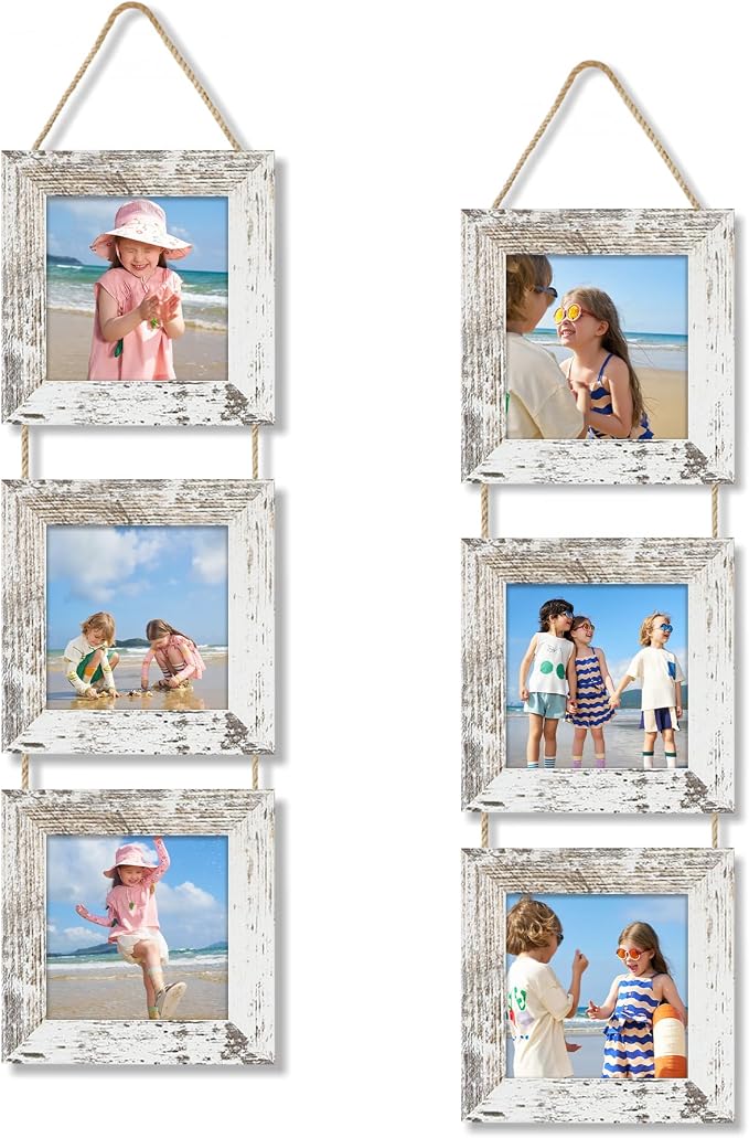 4x4 Collage Picture Frames Set of 2, Rustic Wooden Real Glass Vertical Hanging 3 Opening 4 by 4 Photo Frame, Distressed White