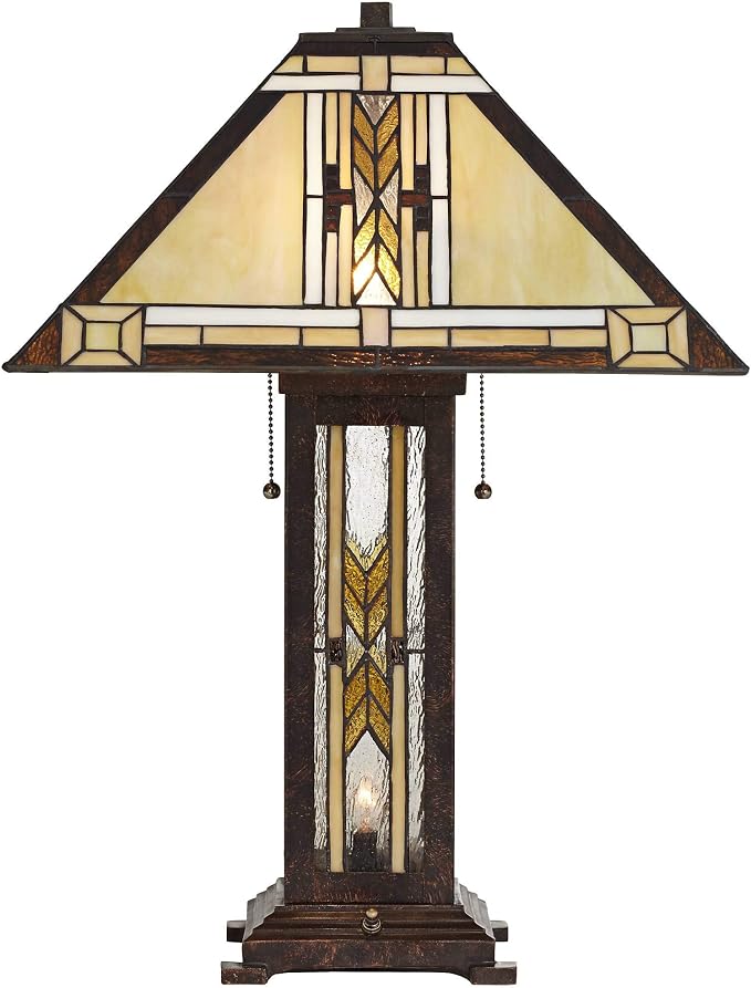 Franklin Iron Works Drake Mission Collection 25 1/2" High Tiffany-Style Farmhouse Rustic Southwestern Table Lamp Night Light Pull Chain Yellow Brown Art Glass Single Living Room Bedroom Bedside