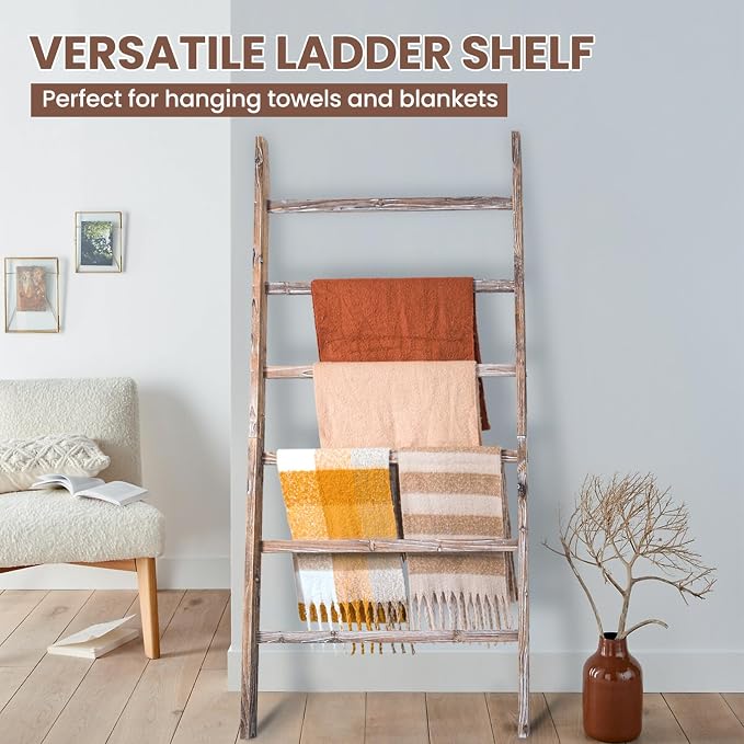 Blanket Ladder Shelf 6.4FT, 38 inch Wide Solid Wooden Blanket Ladder for Living Room, 6-Layer Farmhouse Rustic Quilt Rack for Living Room Bathroom