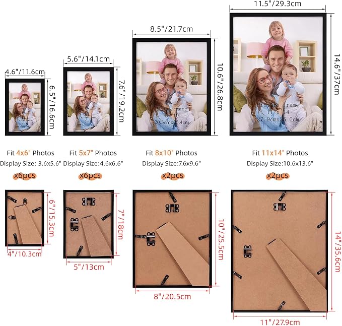 Giftgarden 16 Pack Black Picture Frames for Multi Sizes Photos, Assorted Set Including Two 11x14, Two 8x10, Six 5x7, Six 4x6, Gallery Collage Frame for Wall or Tabletop Display