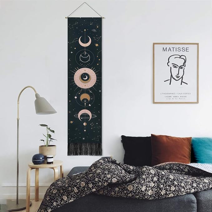 Moon Phase Wall Hanging Art - Bohemian Tapestry for Room (Black, 12.8 x 51.2 inches)