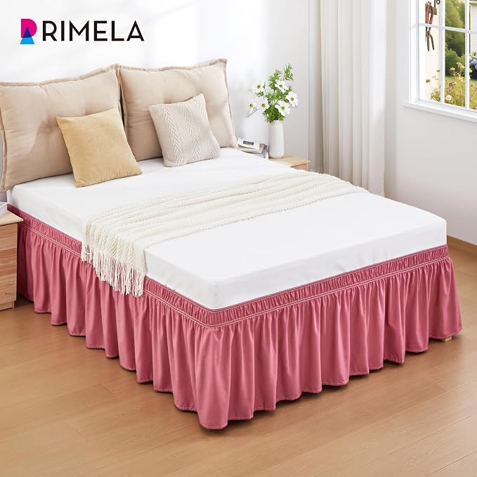 Dusty Red Bed Skirt Queen Size 18" Drop, Elastic Wrap Around Bedskirt | Solid Ruffled, Easy to Use, No Mattress Lifting, Wrinkle & Fade Resistant, with Adhesive Strips, Machine Wash/Dry/Iron