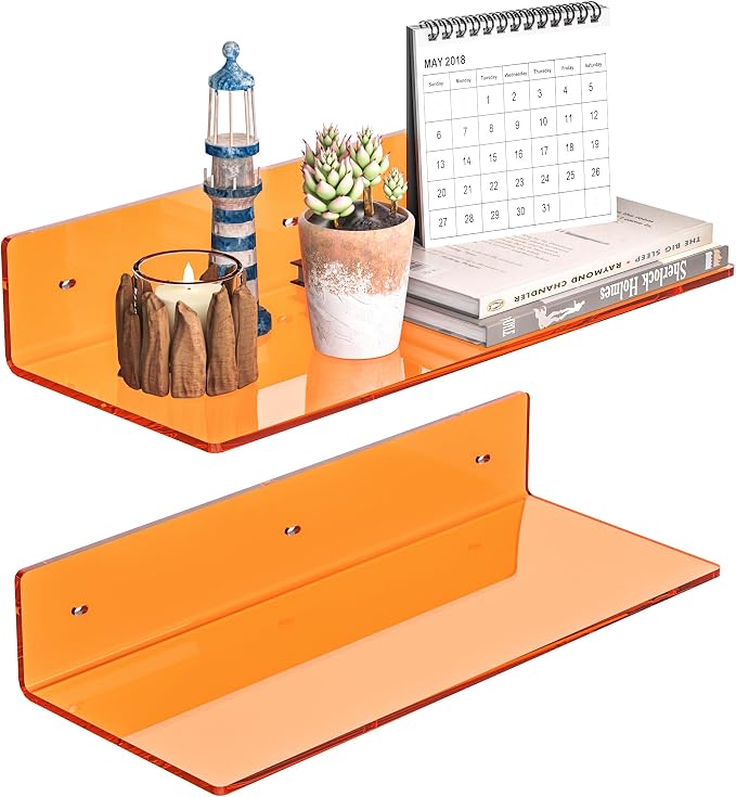 Sezanrpt 15 Inches Orange Acrylic Wall Shelves 2 Pack, L Shape Floating Shelf, Perspex Wall Mounted Shelves for Home Décor, Model Car, Candle, Calendar, Towel, Tissue